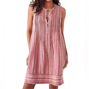 Faherty Isha Linen Dress Granita Red Stripe Pin-tucked Breezy Shift Pockets NWOT